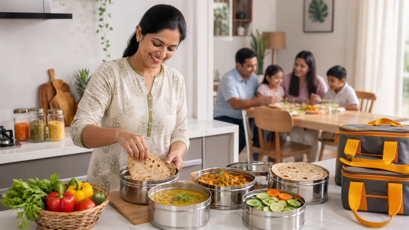 Fresh vegetarian tiffin being prepared in a clean home kitchen